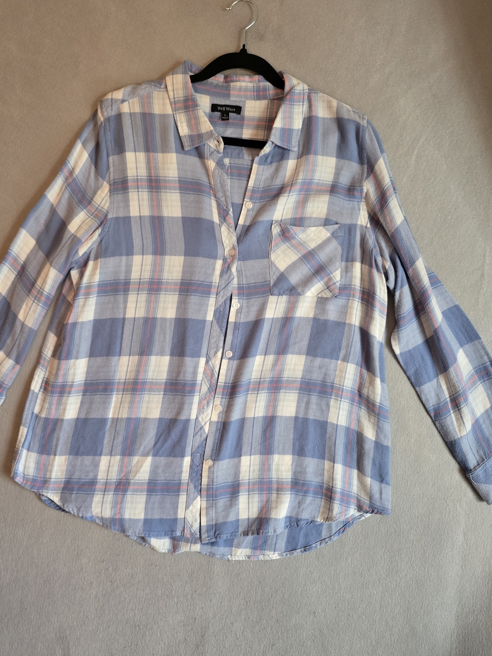 Well Worn L Blue and Cream Plaid Button-Down Shirt Western Boho Cowgirl Casual